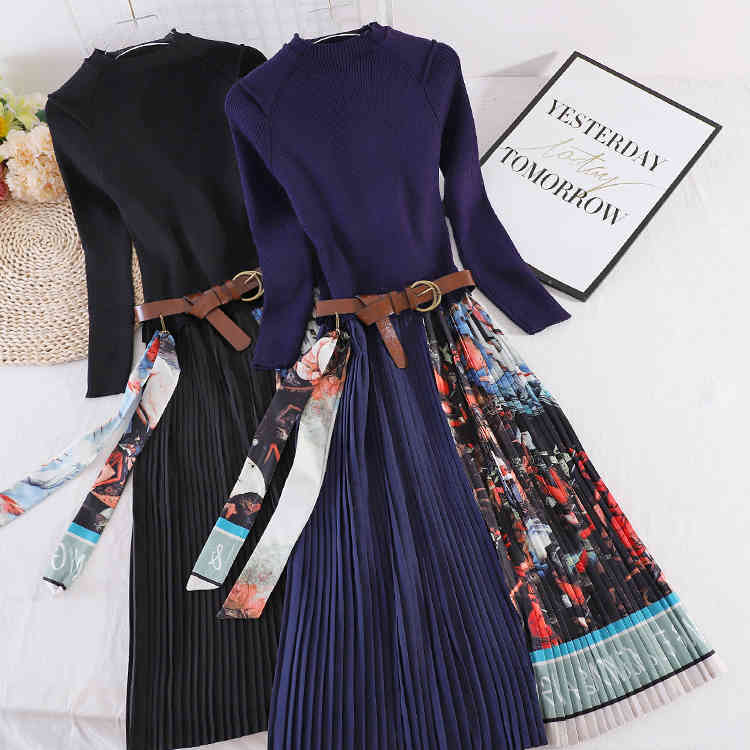 Elegant Knitted Pleated Dress Women Long Sleeve Vintage Blue Print Sweaterer Slim Midi Autumn 210506