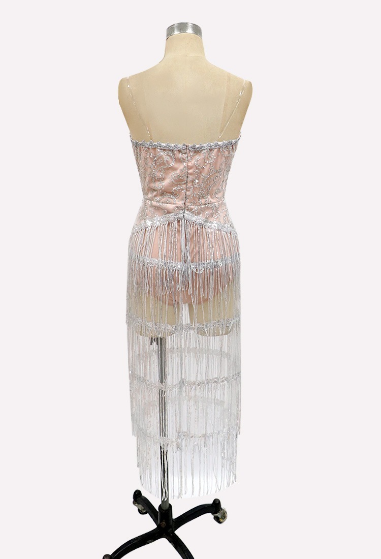 Women Dress Temperament Party es Deep V Neck Backless Sequin Tassel Maxi es Plus Size Perspective Sexy 210524