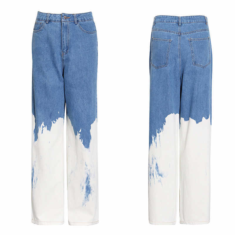 TWOTYLE Casual Loose Painted Women Full Length Jeans High Waist Hit Color Asymmetrical Denim Wide Leg Pants For Female 210809