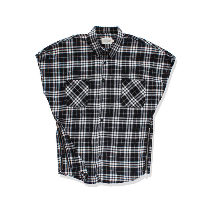 Fashion Brand Plaid shirt Men Hip hop sleeveless Shirts Mens side zipper shirtcamisa masculina swag Plus Size