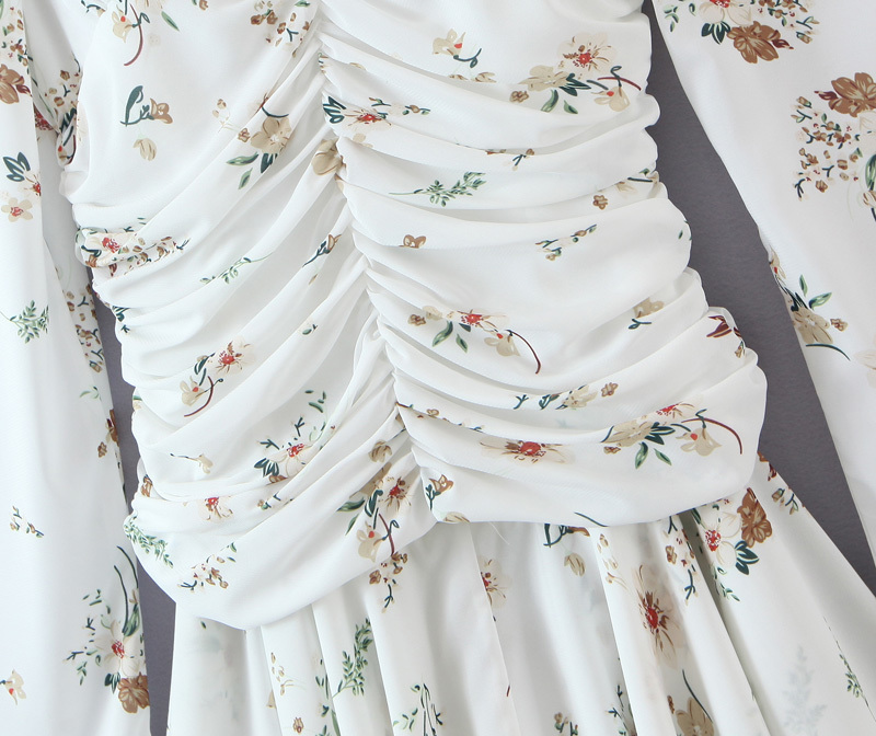 Women Sexy V neck Flower Print Puff Sleeve Pleated Ruffles Mini Dress Package Hips Hem Irregular Party Dresses 210429