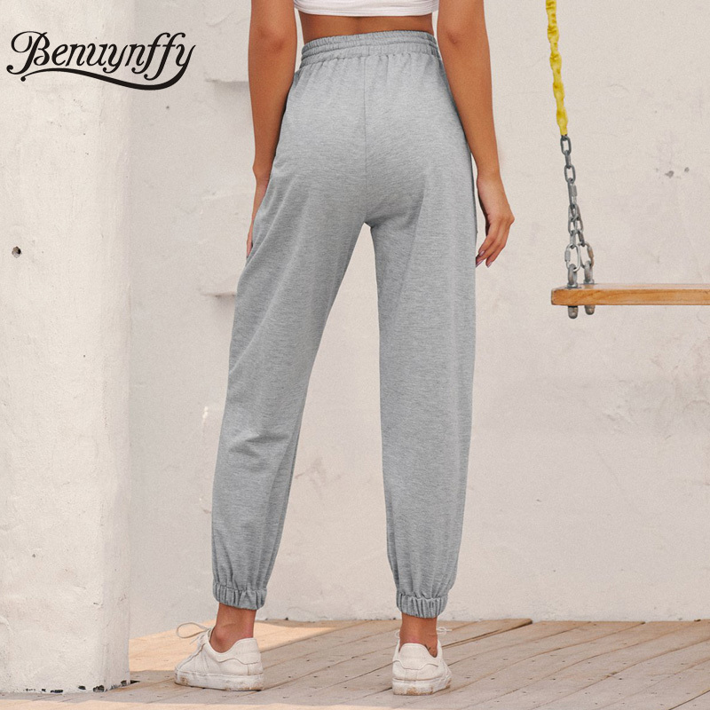 Pockets Grey Drawstring Waist Sweatpants Women Autumn Streetwear Casual Korean High Ladies Knitted Sports Pants 210510