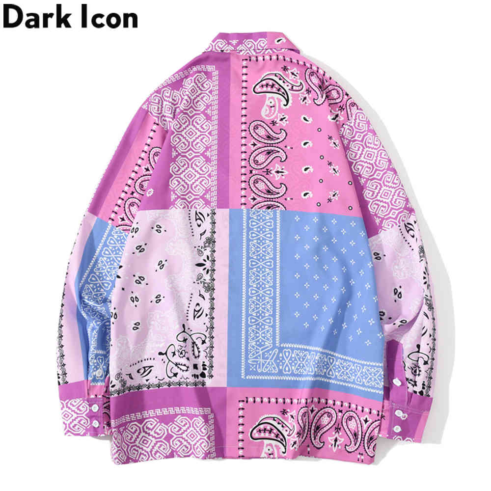 Dark Icon Pink Blue Patchwork Bandana Shirt Men Streetwear Men's Shirts Long Sleeve Male Tops 210410