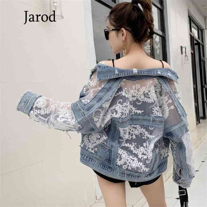 Fashion Women Hole Denim Jackets Coat Spring Summer Jean Patchwork Lace Embroidery Thin Loose 210519