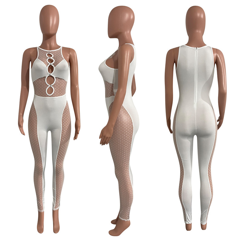 Sexy Hollow Out Jumpsuits Women Mesh Jumpers suit Sleeveless Bodycon Bodysuits Night Club Wear Skinny see through sheer Rompers Wholesale Bulk 6909