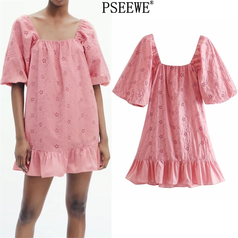 Pink Cutwork Embroidery Short Dresses Women Casual Square Neck Ruffle Puff Sleeve Woman Summer Dress 210519
Pink Cutwork Embroidery Short Dresses Women Casual Square Neck Ruffle Puff Sleeve Woman Summer Dress 210519