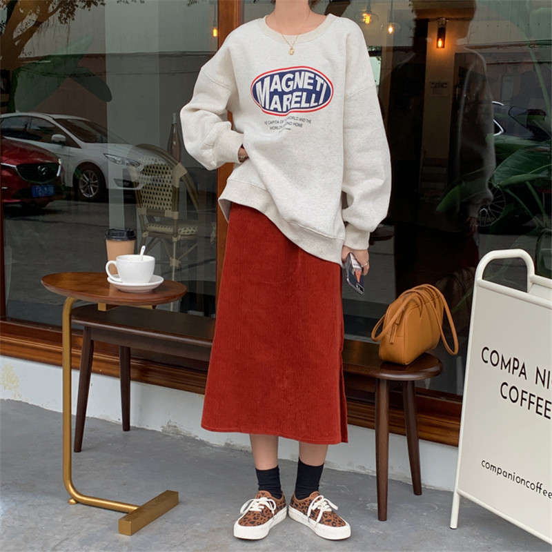 Spring Autumn Elastic High Waist Vintage Split Corduroy Bottoming Skirt Female OL Elegant Solid Long Skirts Womens 210421