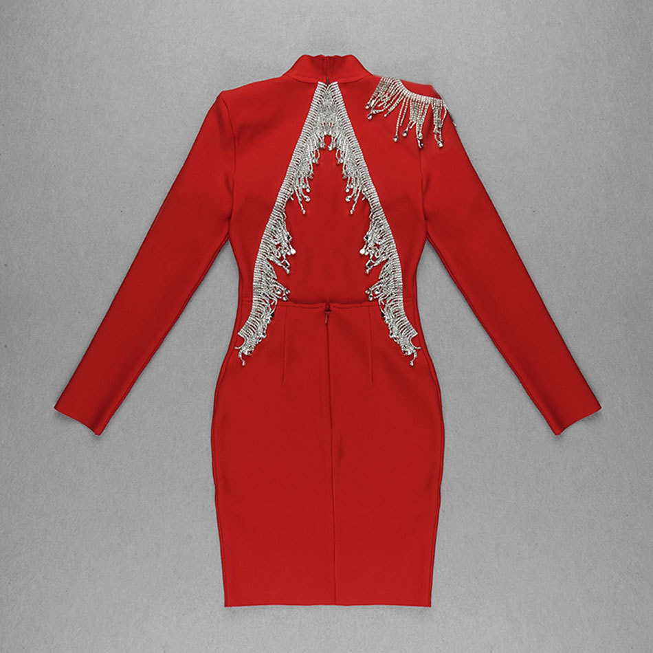 Free Autumn Women Red Tassel Mini Club Bodycon Bandage Dress Sexy Backless Celebrity Runway Party Dresses Vestidos 210524