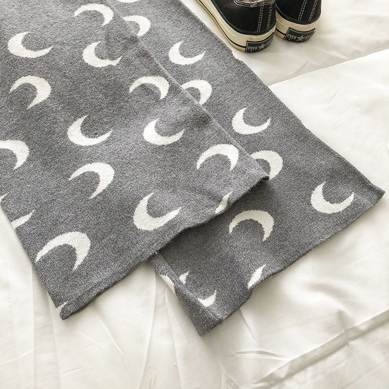 Nomikuma High Waist Knitted Women Pants Causal Korean Moon Printed Long Trousers New Fashion Sweater Wide Leg Pants 6E078 210427