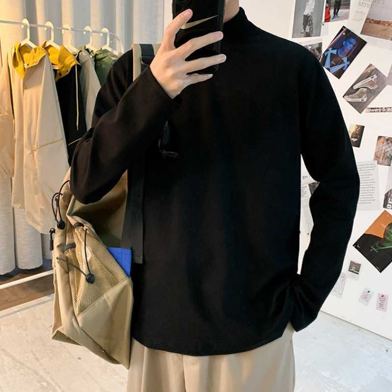 Autumn winter super high neck long sleeve T-shirt men's loose round neck bottom 210623
