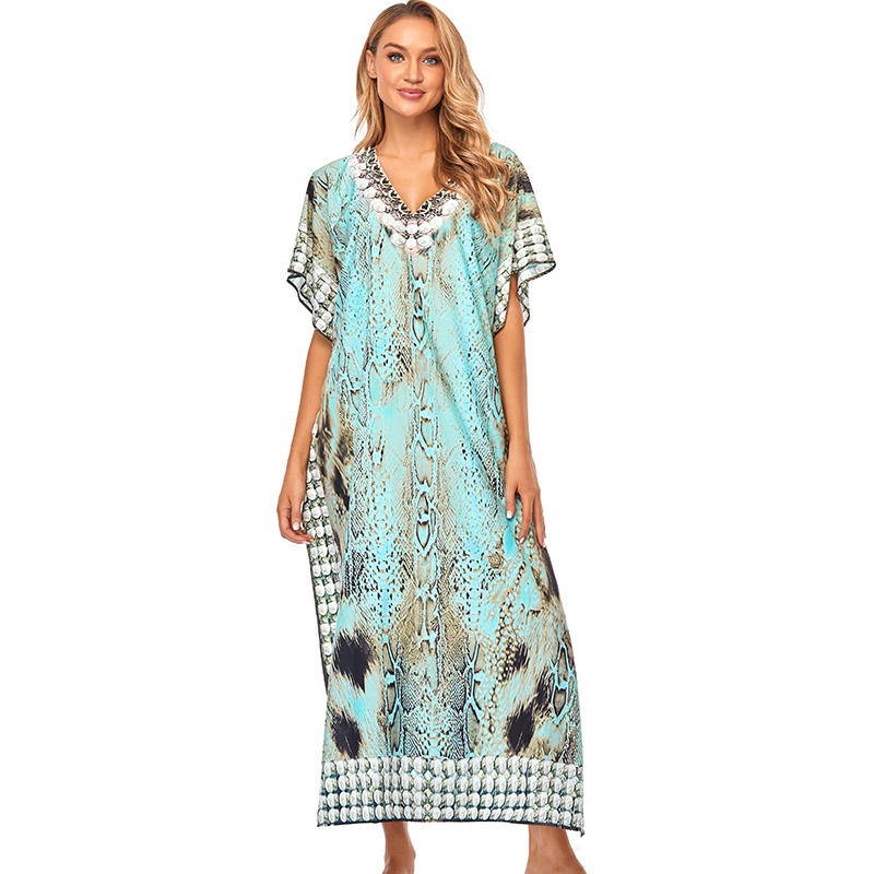 Print Beach Cover up Tunics for Long Kaftan Bikini Robe de Plage Sarong Swimsuit cover Q1211 210420
