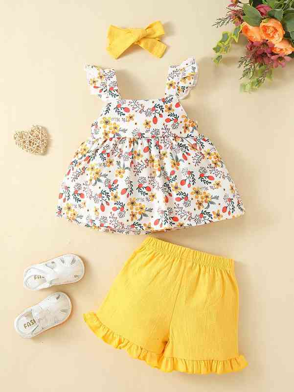 Baby Floral Print Ruffle Trim Bow Top & Shorts & Headband SHE