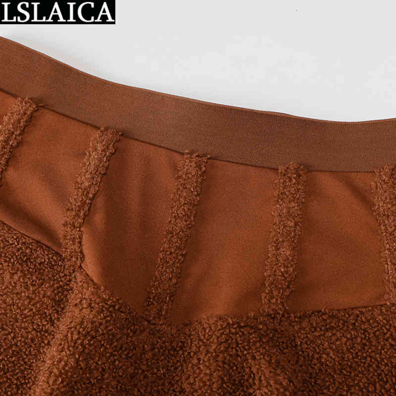 Style Trousers Deep V Top Lamb Cashmere 2 Piece Sets Elastic Waist Slim Pullover Casual Solid Color Roupas Femininas 210520