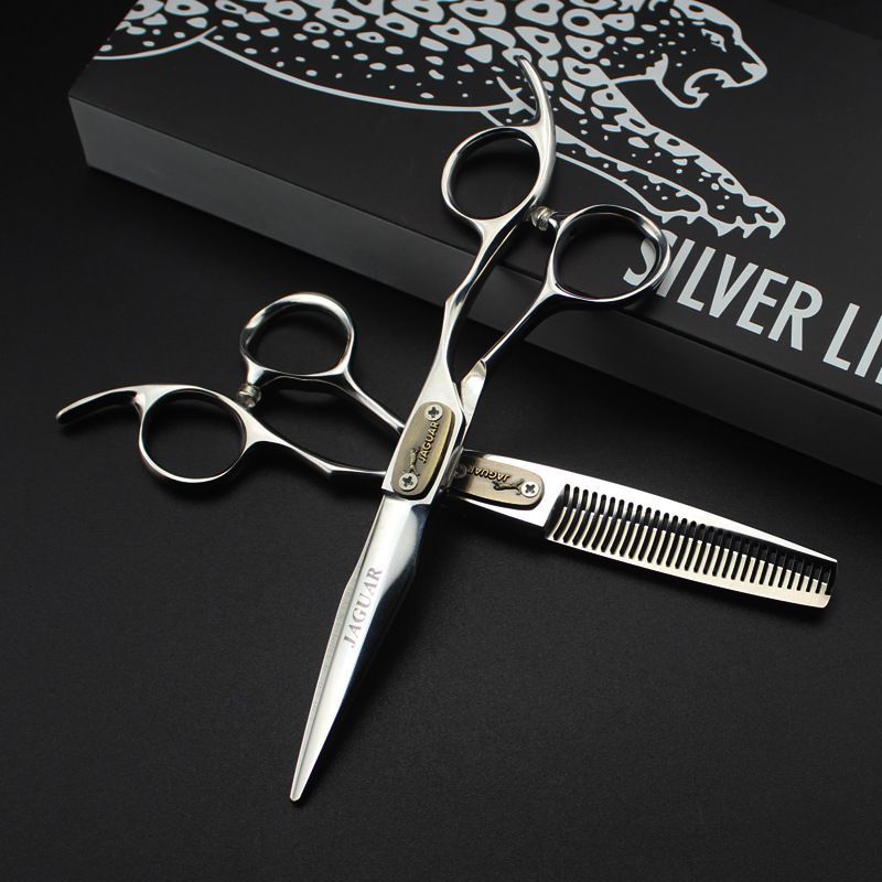 JAGUAR 6.0 inch barber hair cutting/thinning scissors 9CR 62HRC Hardness silver handle with retail gift case
JAGUAR 6.0 inch barber hair cutting/thinning scissors 9CR 62HRC Hardness silver handle with retail gift case