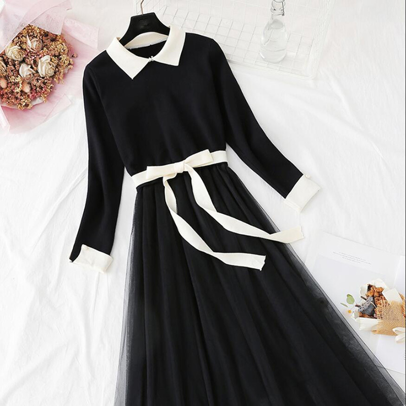 Autumn Winter Women Knitted Dress Vintage Mesh Patchwork Sweater Dresses Bow Elegant Lady Long Sleeve Dress Vestidos 210521