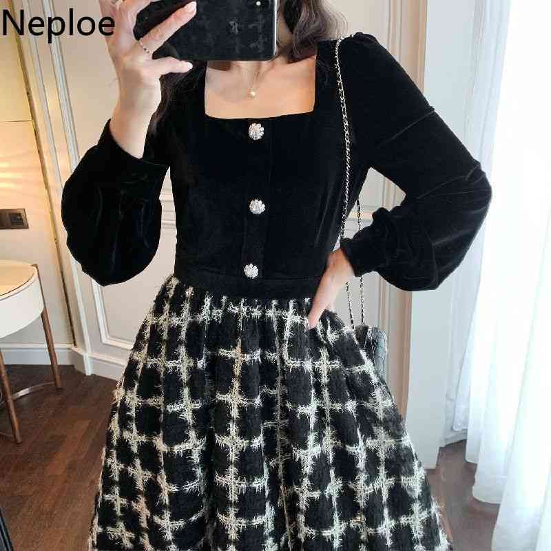 Neploe Women Party Dress Retro Elegant Plaid Dresses High Waist Black Patchwork Long Robe Korean Square Collar Velvet Vestidos 210422