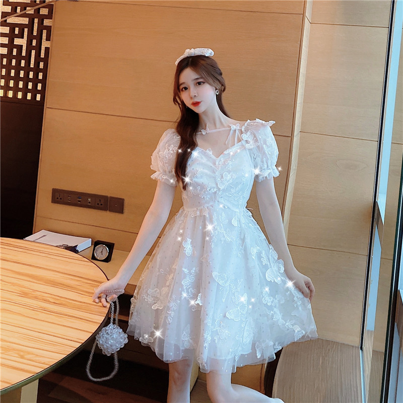 Elegant Women White Mini Dress Summer Sexy Tulle Short Sleeve Sweet Butterfly Party Dress Lady Vestidos 210518