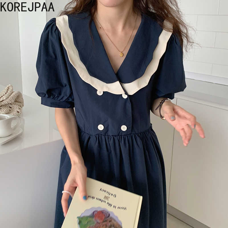 Korejpaa Women Dress Summer Age-Reducing Double-Layer Wavy Side Doll Collar Double-Breasted Lace-Up Puff Sleeve Vestidos 210526, Dark blue
Korejpaa Women Dress Summer Age-Reducing Double-Layer Wavy Side Doll Collar Double-Breasted Lace-Up Puff Sleeve Vestidos 210526, Dark blue