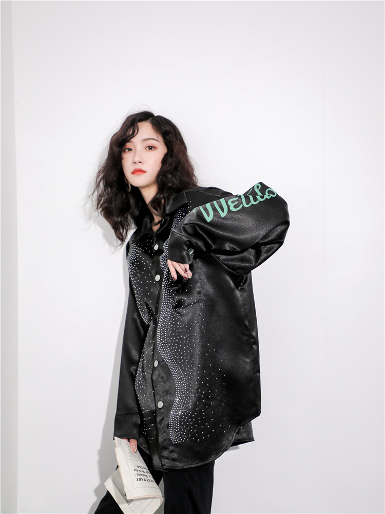 Rhinestone Blouse Women Shirt Letter Print Long Sleeve Button Up Plus Size Tops Fashion Fall Clothes 210427