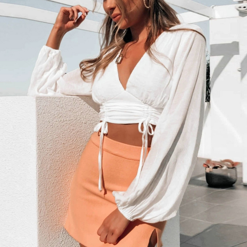 Sexy V Neck Women Long Sleeve Crop Tops Fashion Drawstring Lace Up Lantern Sleeve White Shirts Casual Slim Short Blouses Female 210507