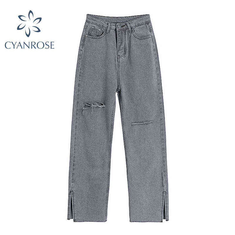 High Waist Grey Ripped Jeans Women Streetwear Baggy Harajuku Wide Leg Female Trousers Vintage Straight Long Pants 211129