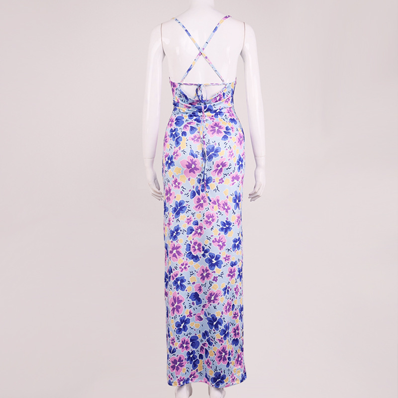 Foridol Sexy Backless Lace Up Summer Boho Dress Women Drap Neck Maxi Beach Dress Sleeveless Floral Print Purple Dress 210415