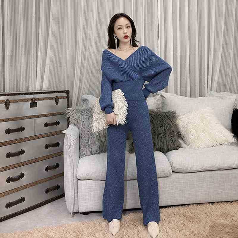 HIGH QUALITY Women Soild V Neck Batwing Sleeve Shining Knitting Jumper Tops Sweaters+Wide Leg Pants 2 Pieces Set Suits 210525, Picture color
HIGH QUALITY Women Soild V Neck Batwing Sleeve Shining Knitting Jumper Tops Sweaters+Wide Leg Pants 2 Pieces Set Suits 210525, Picture color