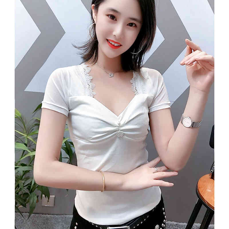 Fashion Tops Summer Solid Cotton Casual Women T-shirt Sexy V-neck U-Back Hollow Out Slim Fit Short-sleeve Tees 8657 50 210427