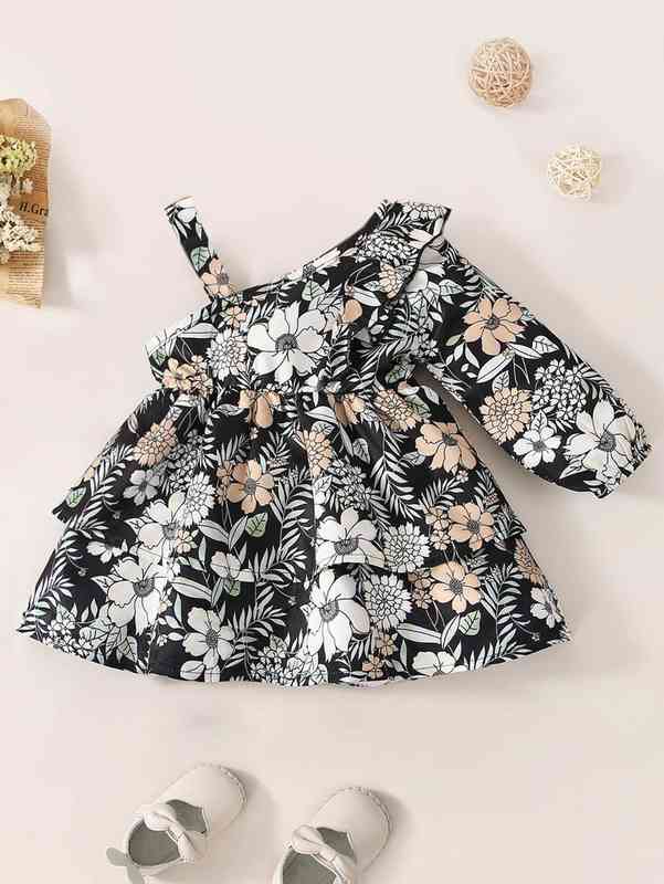 Baby Floral Print Asymmetrical Neck Ruffle Trim Dress SHE