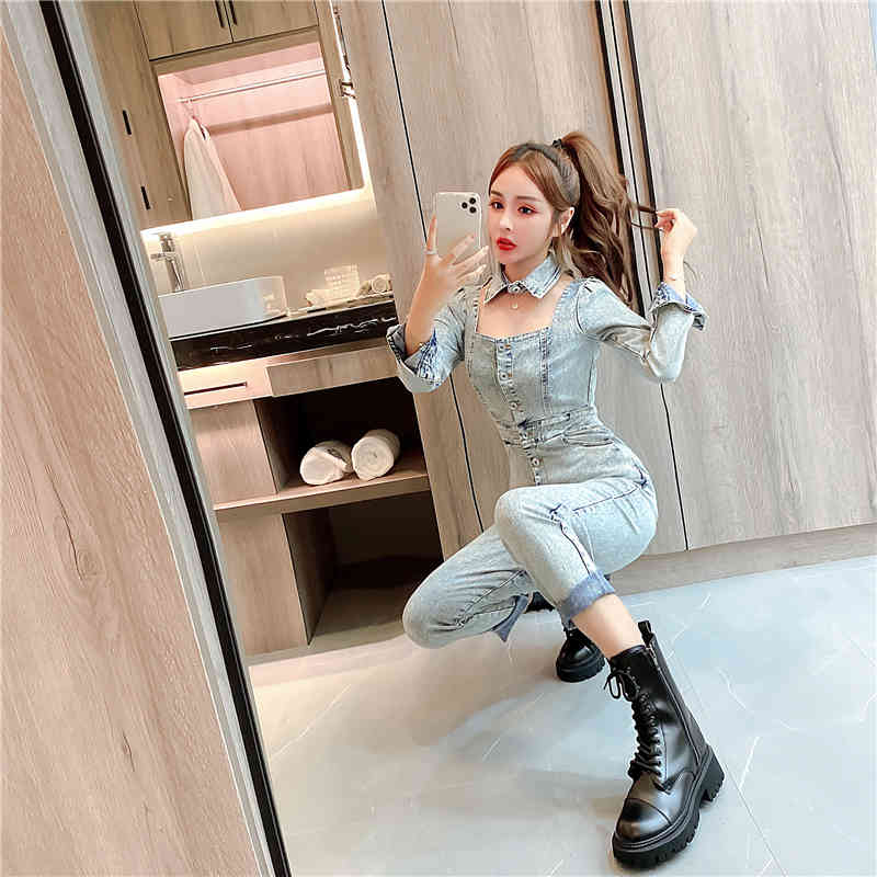 Spring Women Elegant Office OL Jumpsuit Retro Denim Long Sleeve Slim Hollow Square Collar Rompers Ladies Sexy Bodysuit 210519