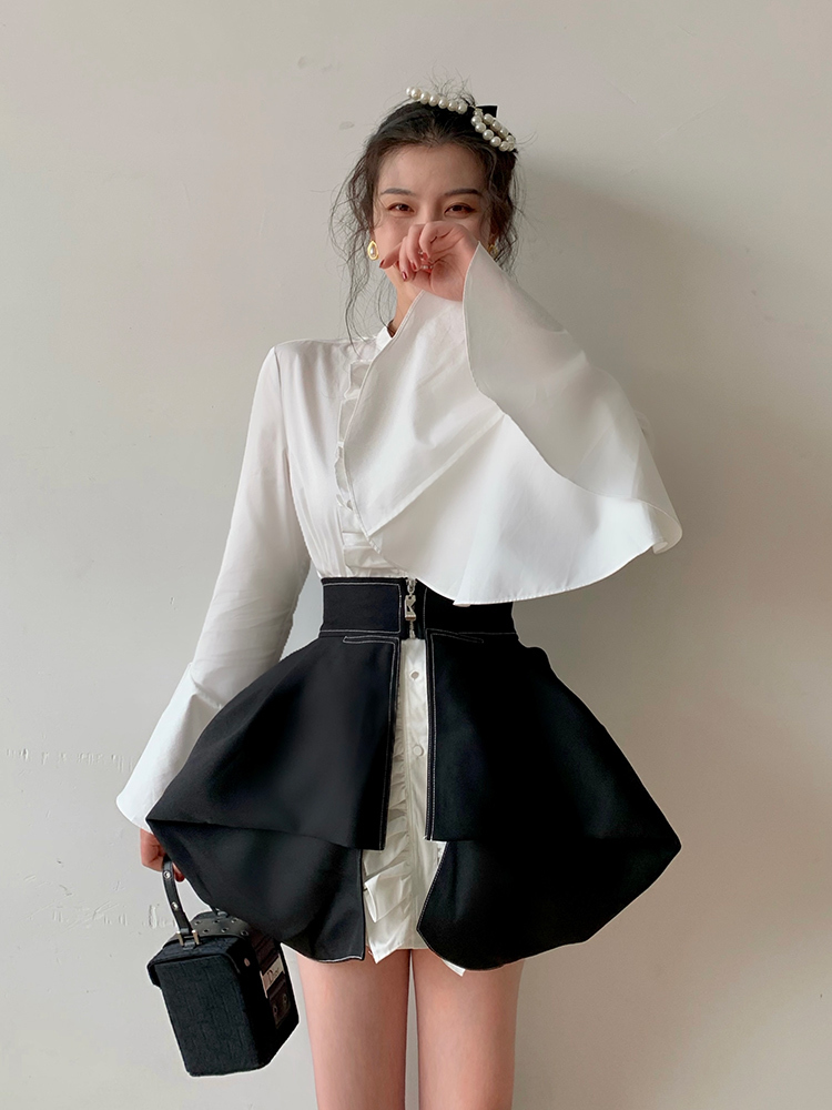 three-dimensional ruffles blouse women's summer round neck slim flare sleeve elegant shirt female tide 5C997 210427