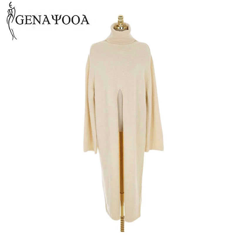 Genayooa Womens Turtleneck Pullover Sweater Long Sleeve Vintage Loose Knit Sweater Split Solid Long Jumper Ladies Korean Style 210918