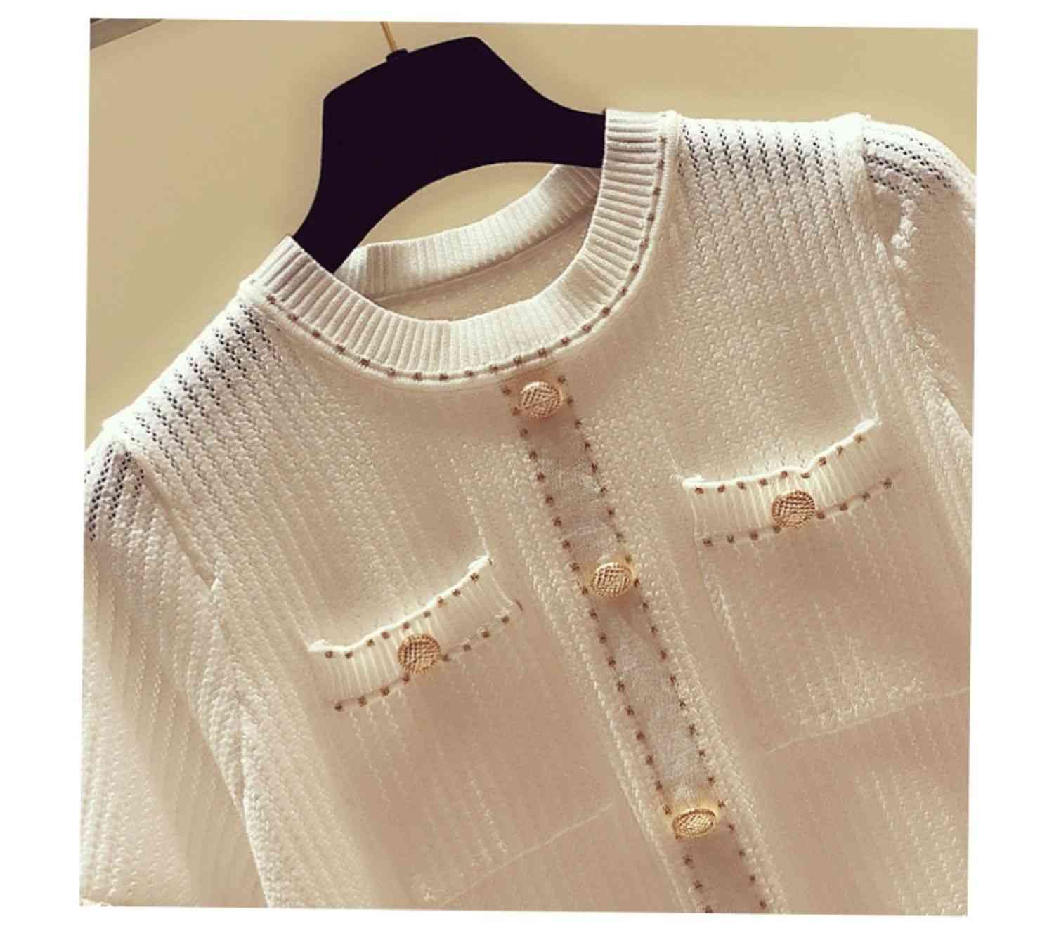 Summer Elegant Tops Women Vintage Thin Knitted T-shirt Korean Style Short Sleeve O-neck Tshirt Tees Shirt Femme 210514