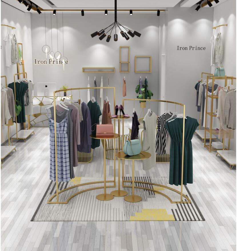 Clothing store iron clothes rack Commercial Furniture modern simple gold women's cloth floor display racks shopping mall show platform