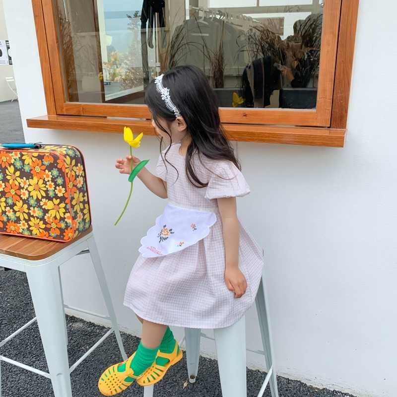 Korean style summer baby girls plaid loose short sleeve dresse cotton patchwork bib princess dresses 210615