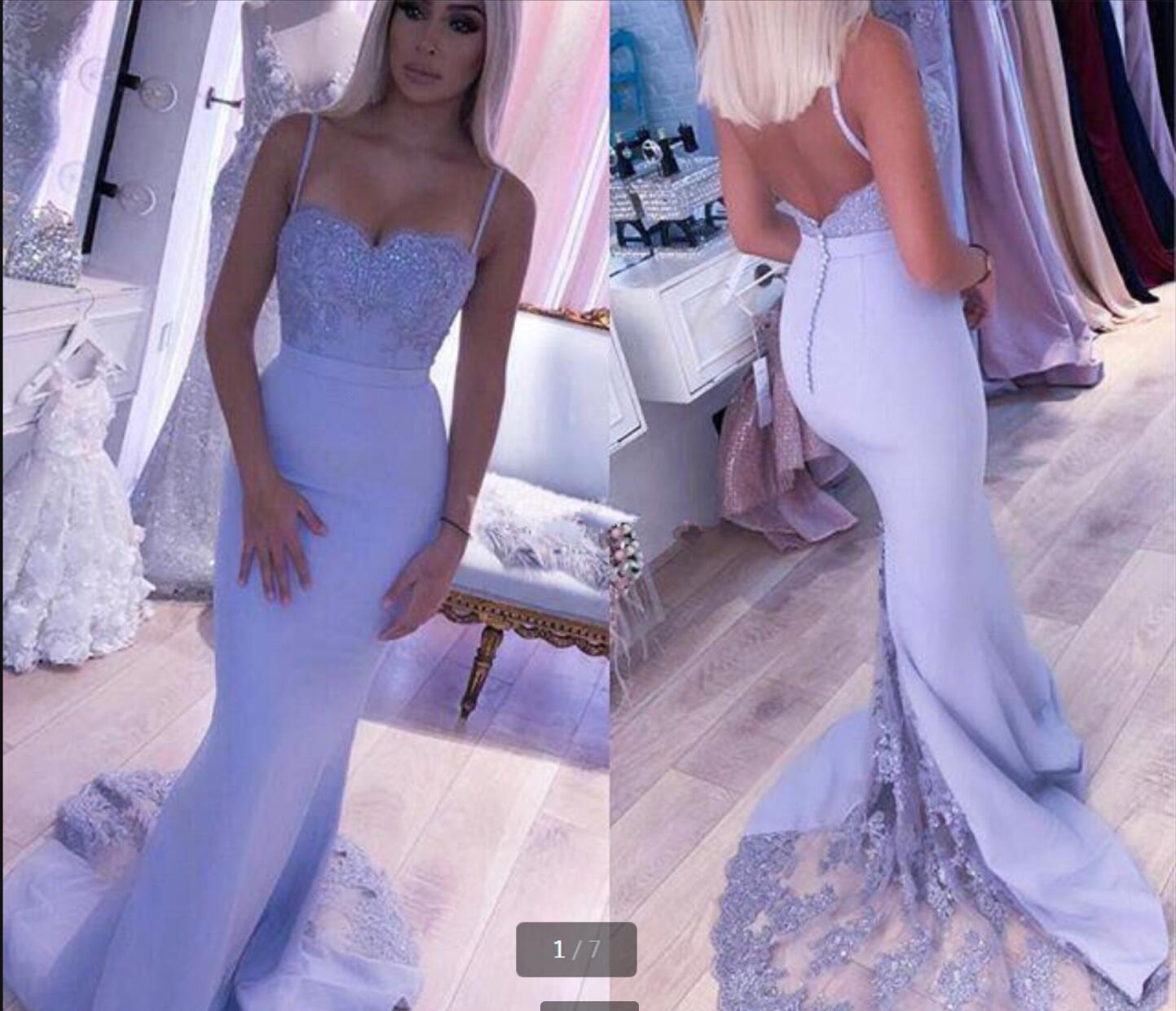 2021 Vestido De Festa lavender satin mermaid prom dress lace appliques beaded backless sexy party gowns spaghetti staps long formal red carpet evening dresses, Blue
2021 Vestido De Festa lavender satin mermaid prom dress lace appliques beaded backless sexy party gowns spaghetti staps long formal red carpet evening dresses, Blue