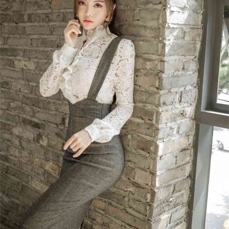 Spring Women 2 Piece Set Dress Fashion White Hollow Out Lace Blouse + Gray Vest Pencil Bodycon Skirt 210519