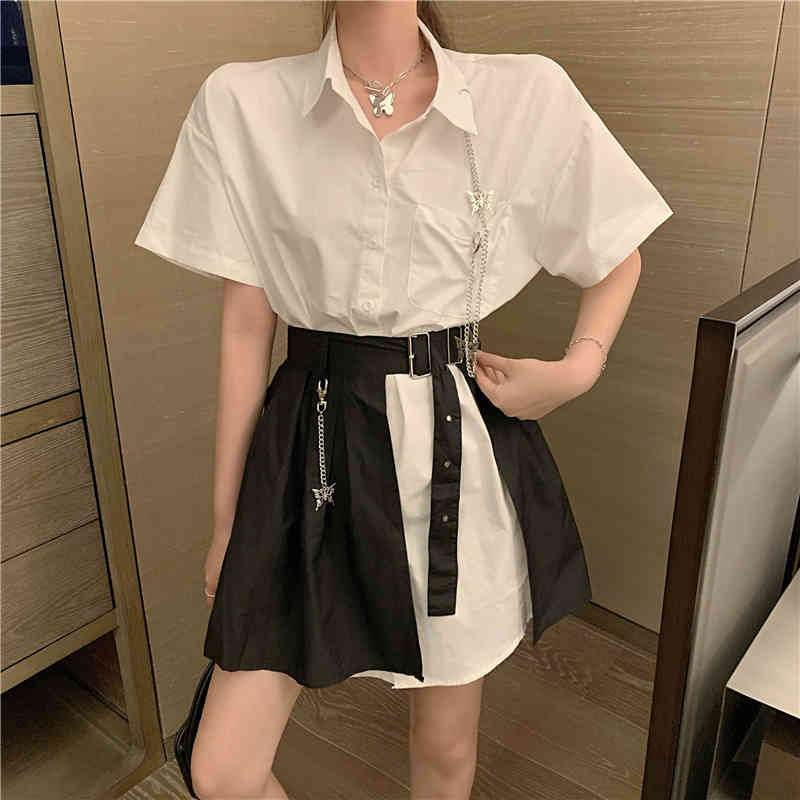 Women 2 Piece Set Summer White Turn Down Collar Cotton Long Shirt + High Waist Pleated Mini Skirts Casual Suit 210518, Photo color
Women 2 Piece Set Summer White Turn Down Collar Cotton Long Shirt + High Waist Pleated Mini Skirts Casual Suit 210518, Photo color