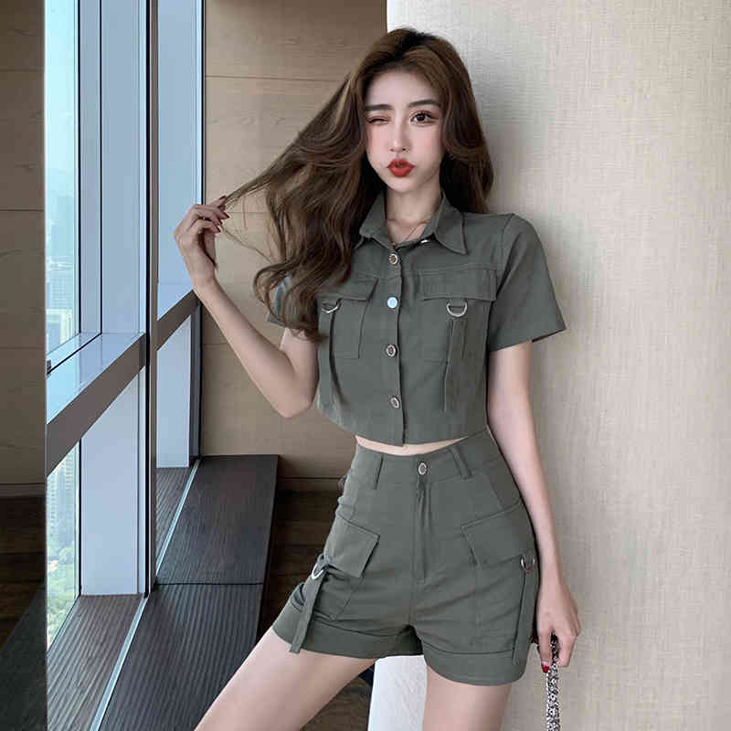 2 Piece Set Summer Women Casual Fashion Solid Color Lapel Short Sleeve Blouse Tops + High Waist Shorts Female 210519