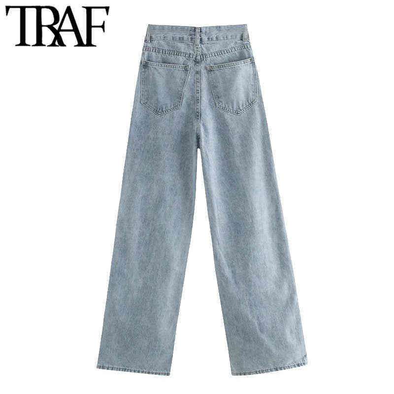 TRAF Women Fashion Side Pockets Faded Wide Leg Jeans Vintage High Waist Zipper Fly Denim Female Trousers Mujer 211129