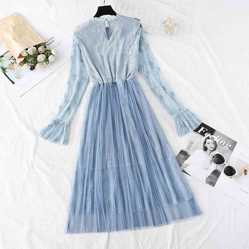 High Quality Lace Dress Women Spring Summer Sweet Ruffles Pleated Dress Elegant Lady Mesh Party Dress Mid-calf Vestidos 210521