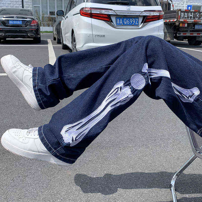 Men Jeans Skeleton Printed Oversized 5XL Straight Blue Jean Pants Mopping Trousers Mens Streetwear Hip Hop Denim 211111