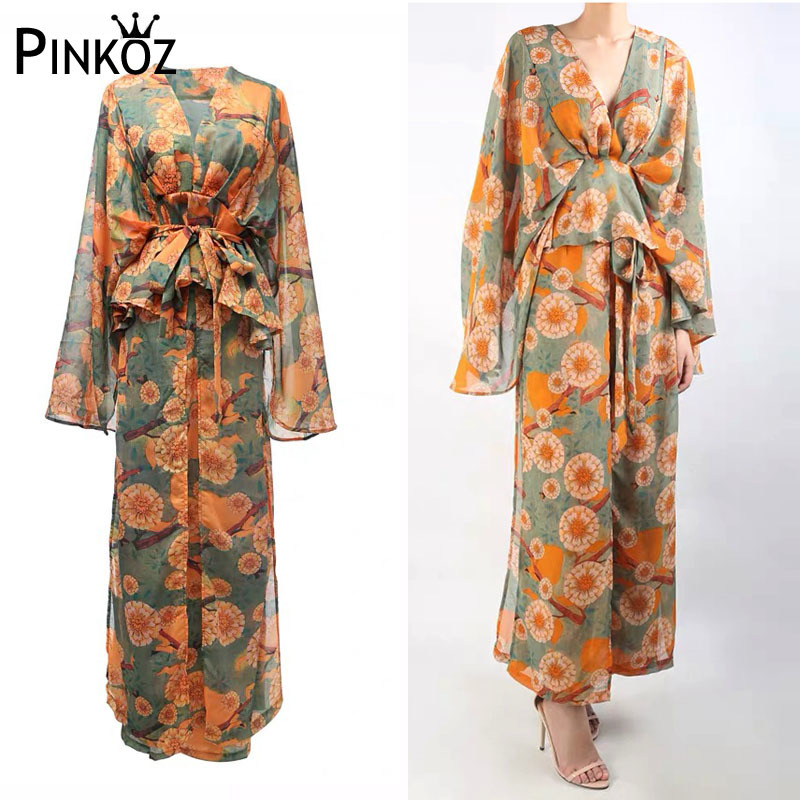 Womens Sets Two Piece Boho Chic Floral Beach Holiday Wide Leg Pants + V-neckTop Set Vintage Outfits For Women 210421