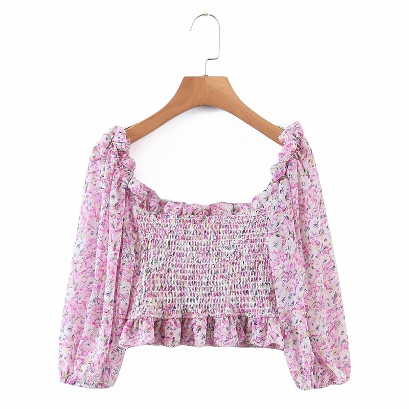 Sweet Women O Neck Lantern Sleeve Blouse Spring-autumn Fashion Ladies Beach Style Cute Shirt Chiffon Print Top 210430