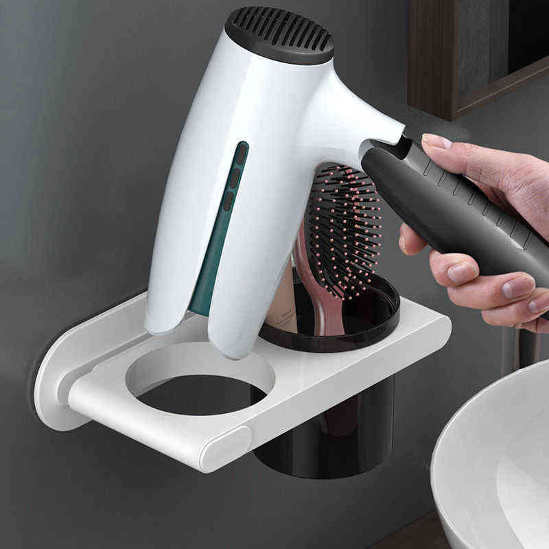 Wall Mounted Hair Dryer Holder Self-Adhesive dryer Rack Punch-Free Bathroom Supplies Shelf Organizer 211112