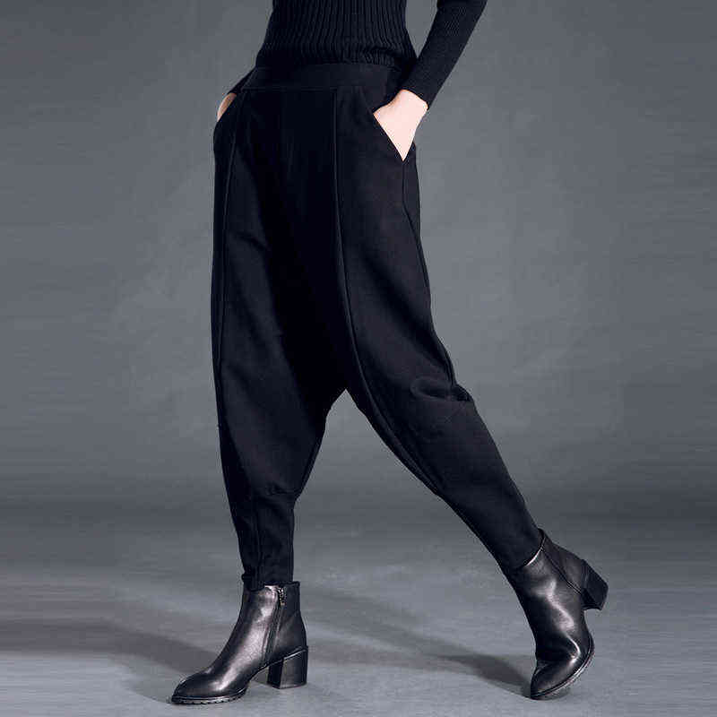 2022 Spring Fashion Black High Waist Elastic Pockets Patchwork Casual Woman Full Length Harem Pants SA155 211218