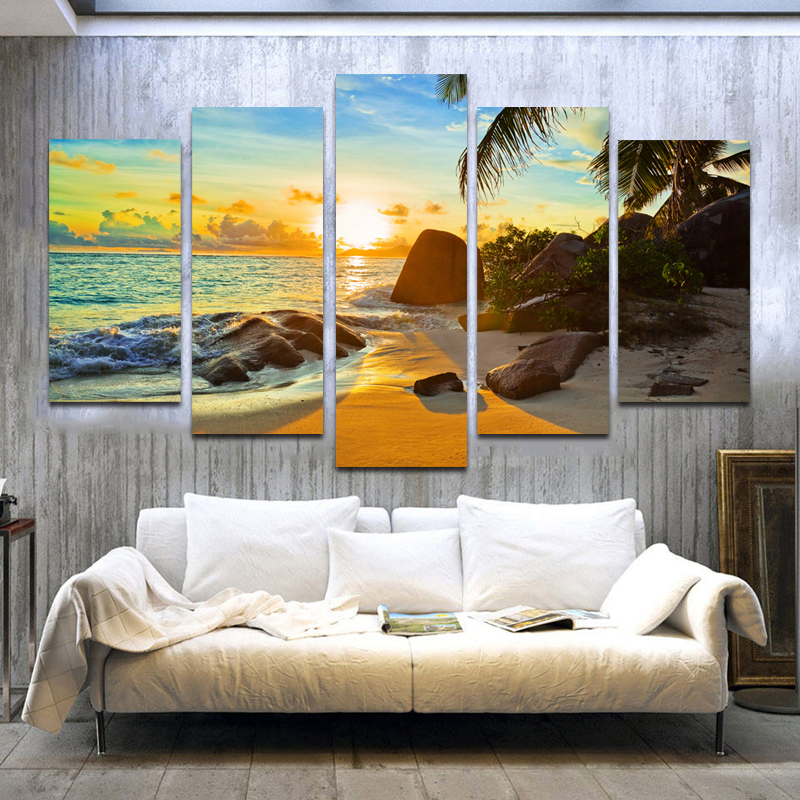 5 Panels Beach Landscape Posters And Prints Canvas Painting Sea Sunset Big Size Wall Art Pictures For Living Room Home Decor