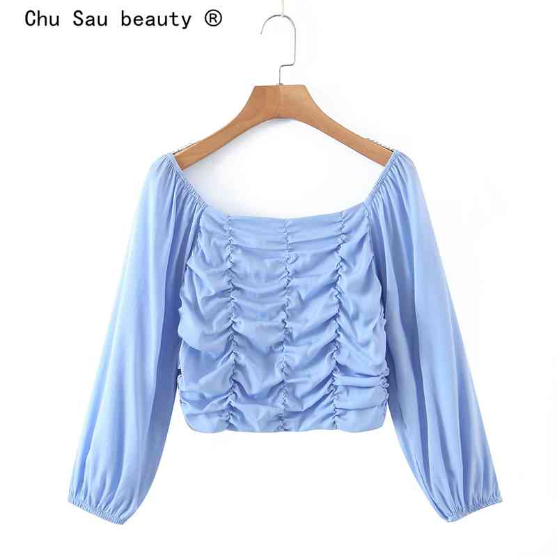 Spring Vintage Square Collar Simple Solid Pleated Elastic Slim Long Sleeve Short Blouse Crop Top Women 210514