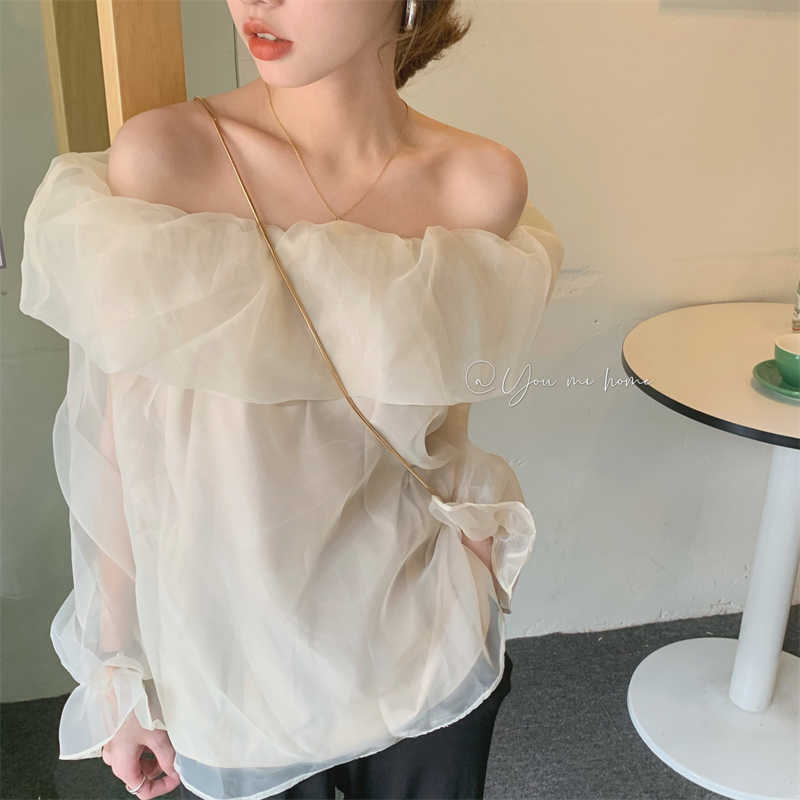 Korejpaa Women Shirt Summer Korean Chic Gentle Sweet Geminine Thin One-Neck Loose Clavicle Long-Sleeved Sunscreen Blouses 210526