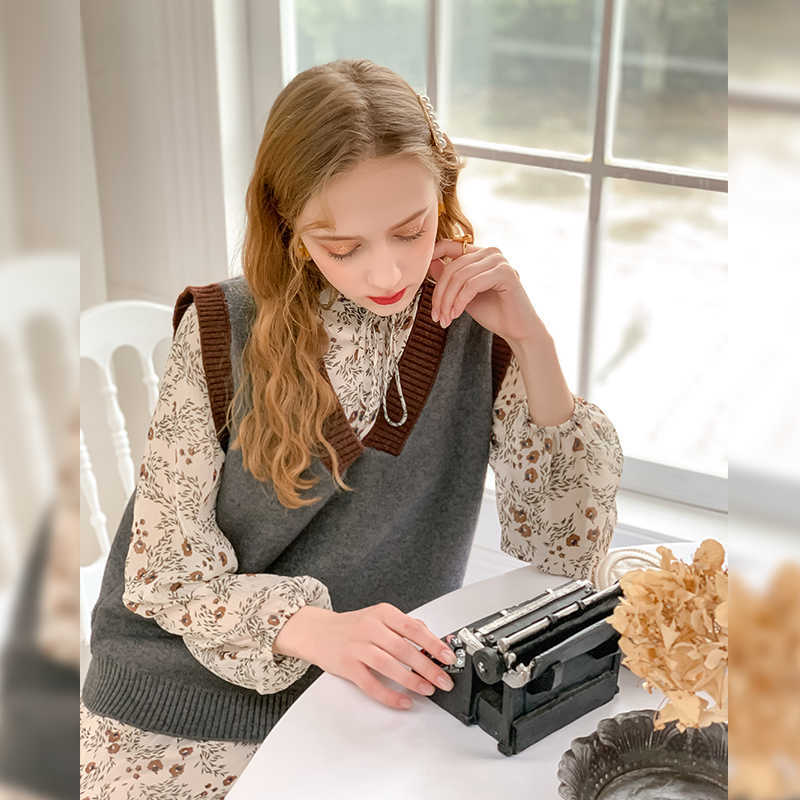 LY VAREY LIN Autumn Sweater Dress Two Piece Set Elegant Floral Print Stand Collar Long Sleeve Loose Ladies Streetwear 210526